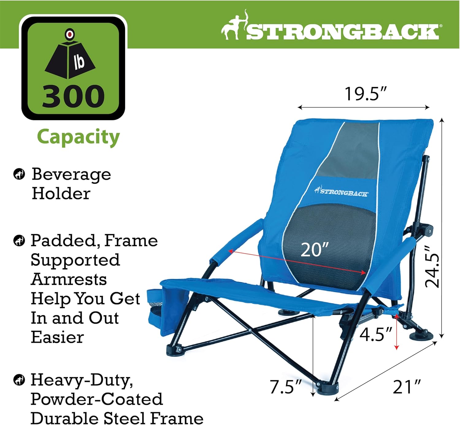 STRONGBACK Low Gravity Beach Chair with Lumbar Back Support, Folding